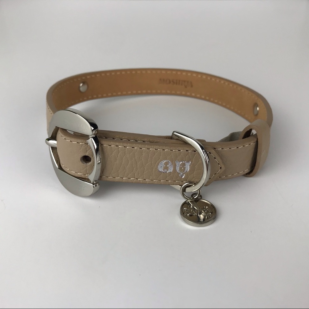 MOSHIQA Beige Leather Silver Chain Dog Collar M Frenchie Luxury Designer Pet Y2K - Picture 3 of 16